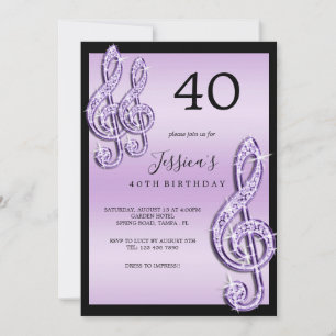 Glitzy Lilac Musiknotens Birthday Einladung