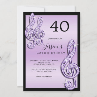 Glitzy Lilac Musiknotens Birthday Einladung
