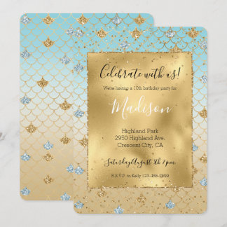 Glitzy Mermaid Blue Gold Sparkle Glitzer Ombre Einladung