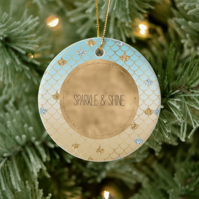 Glitzy Mermaid Blue Gold Sparkle Glitzer Ombre Keramik Ornament (Baum)