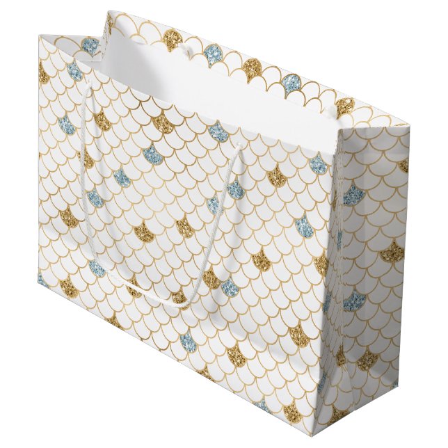 Glitzy Mermaid Blue Gold Sparkone Glitzer Große Geschenktüte (Vorderseite Schrägansicht)