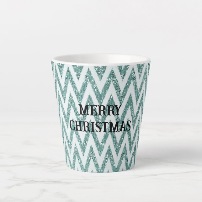 Glitzy Mint Green White Zickzack Stripes Weihnacht Milchtasse (Vorderseite)