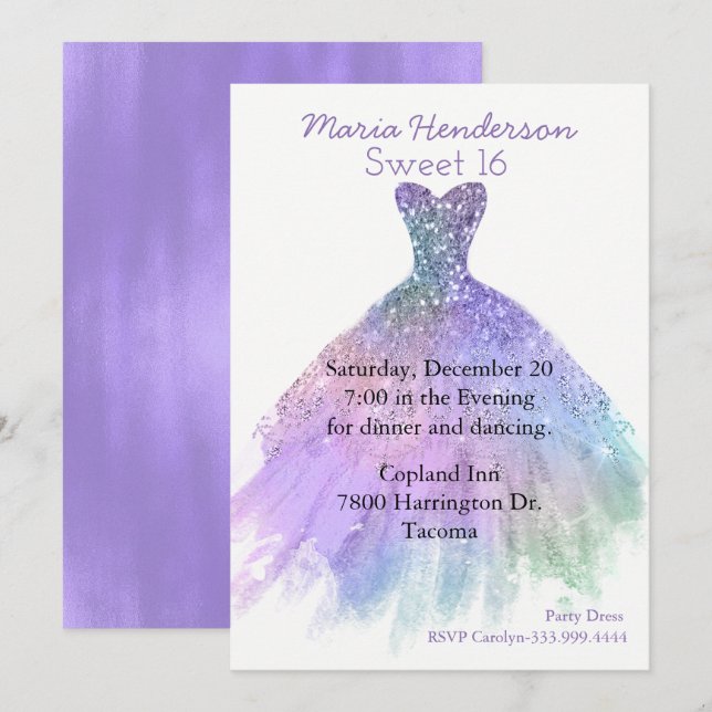 Glitzy Party Dress Sweet 16 Geburtstag Einladung (Vorne/Hinten)