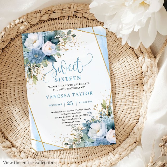 Glitzy Pastel Blue White Gold Blume Sweet 16 Einladung (Glitzy Pastel Blue White Gold Flowers Sweet 16 Invitation)