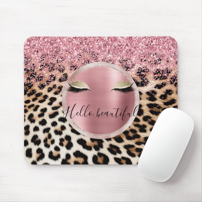Glitzy Pink Glitzer Gold Eyelashes Leopard Mousepad (Mit Mouse)