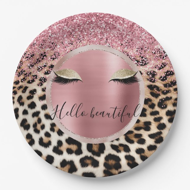 Glitzy Pink Glitzer Gold Eyelashes Leopard Pappteller (Vorderseite)