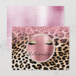 Glitzy Pink Glitzer Gold Eyelashes Leopard Postkarte