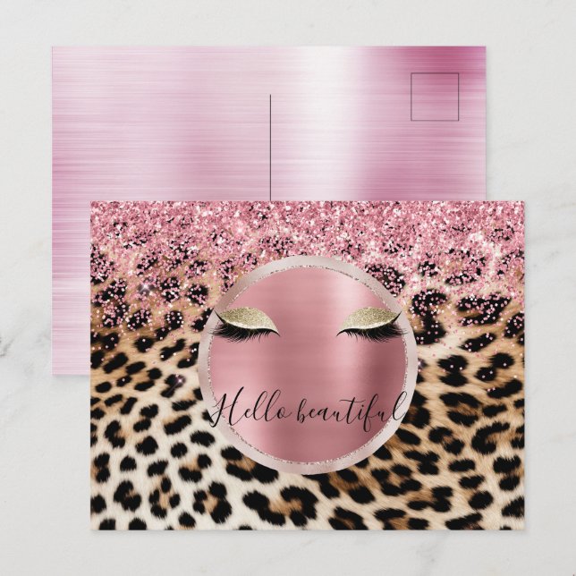 Glitzy Pink Glitzer Gold Eyelashes Leopard Postkarte (Vorne/Hinten)