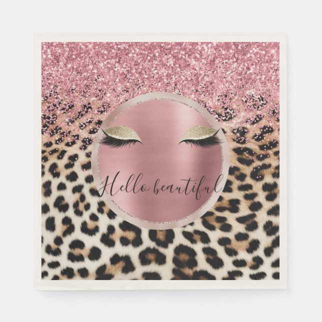 Glitzy Pink Glitzer Gold Eyelashes Leopard Serviette (Vorderseite)