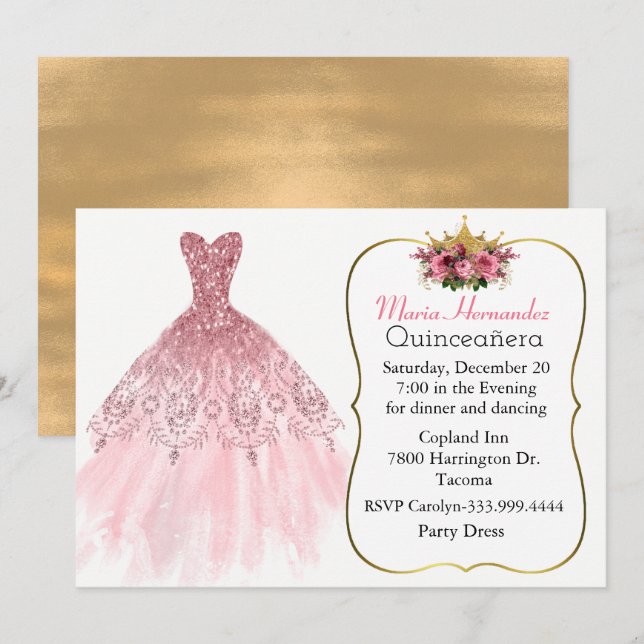 Glitzy Pink Gown Quinceañera Einladung (Vorne/Hinten)
