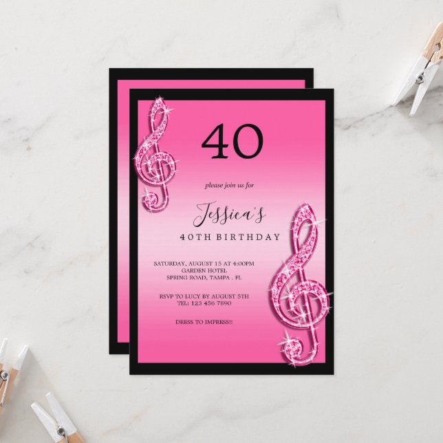 Glitzy Pink Musiknotens Geburtstag Einladung (Vorderseite/Rückseite Beispiel)
