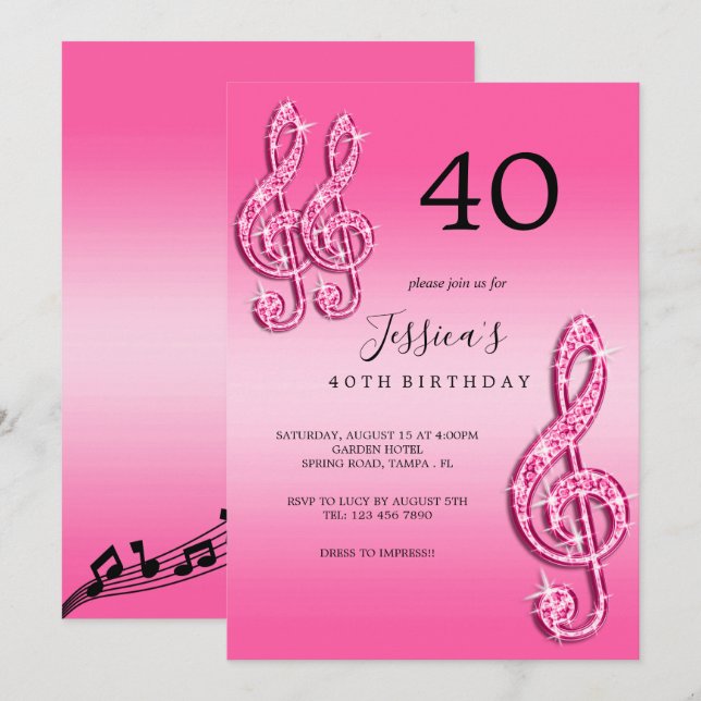 Glitzy Pink Musiknotens Geburtstag Einladung (Vorne/Hinten)