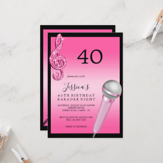 Glitzy Pink Musiknotens & Micro Karaoke Geburtstag Einladung