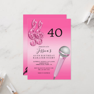 Glitzy Pink Musiknotens & Micro Karaoke Geburtstag Einladung