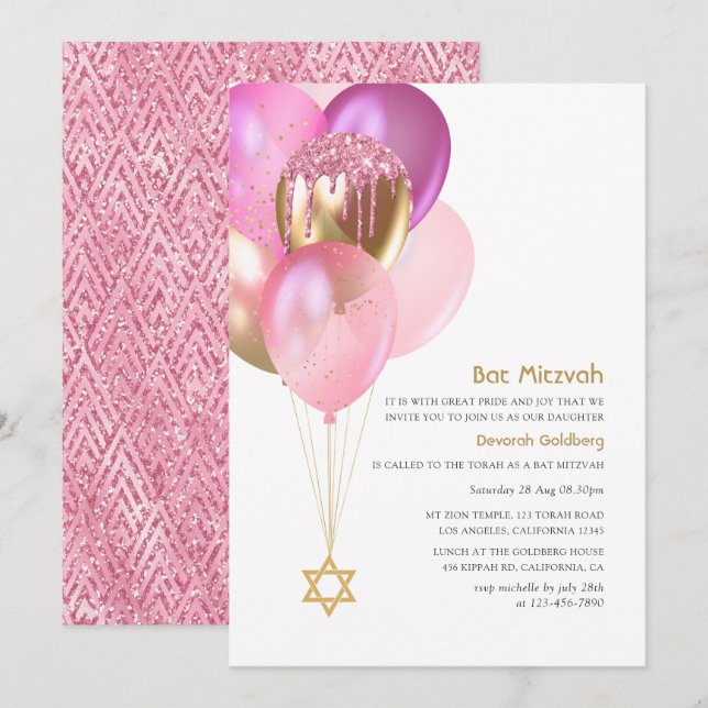 Glitzy Pink und Gold Balloons Bat Mitzvah Einladung (Vorne/Hinten)