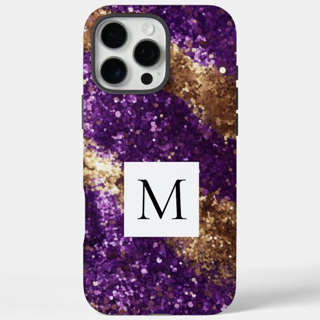 Glitzy Purple Gold Glitter Monogram  iPhone 16 Pro Max Hülle (Rückseite)