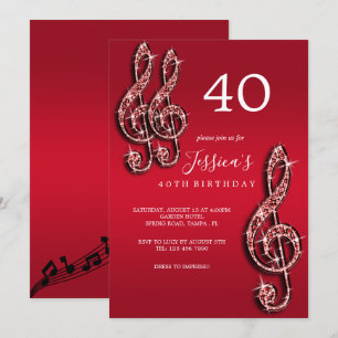 Glitzy Red Musiknotens Birthday Einladung