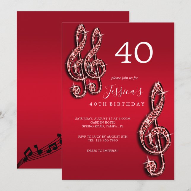 Glitzy Red Musiknotens Birthday Einladung (Vorne/Hinten)