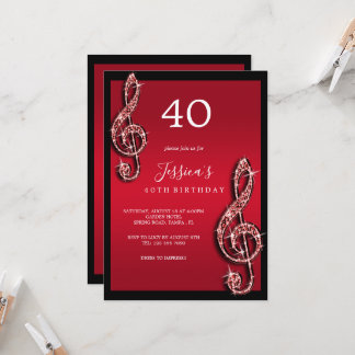 Glitzy Red Musiknotens Birthday Einladung