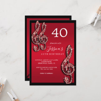 Glitzy Red Musiknotens Birthday Einladung