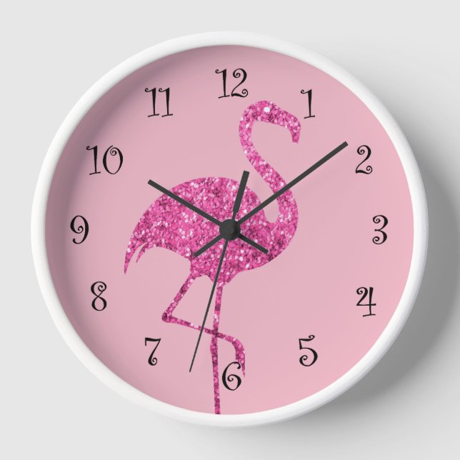 Glitzy-rosa Flamingo-Wanddekor Uhr (Vorderseite)