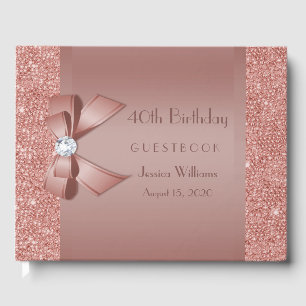 Glitzy Rose Gold Bow & Gem Birthday Party Gästebuch