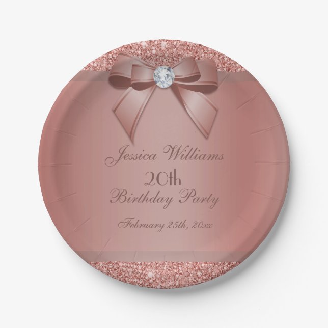 Glitzy Rose Gold Bow & Gem Birthday Party Pappteller (Vorderseite)