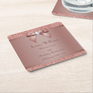 Glitzy Rose Gold Bow & Gem Birthday Party Rechteckiger Pappuntersetzer