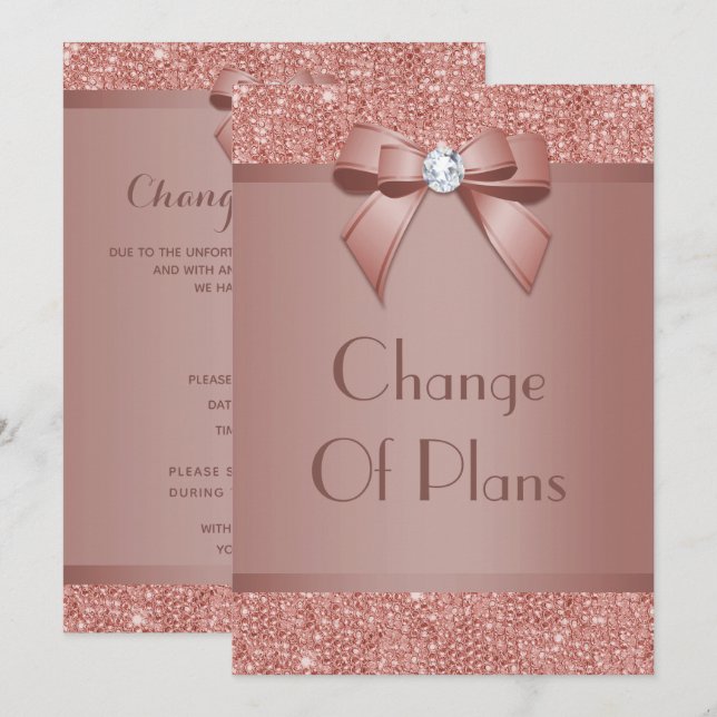 Glitzy Rose Gold Bow & Gem Wechsel Pläne Einladung (Vorne/Hinten)