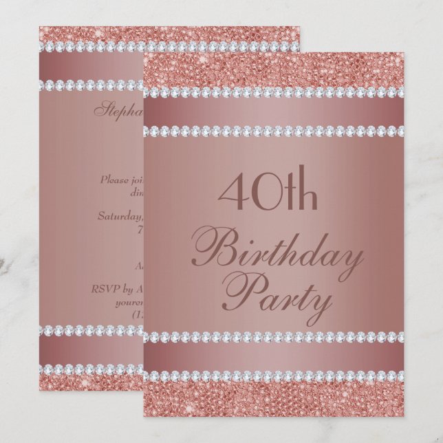 Glitzy Rose Gold & Diamond Gem Birthday Party Einladung (Vorne/Hinten)