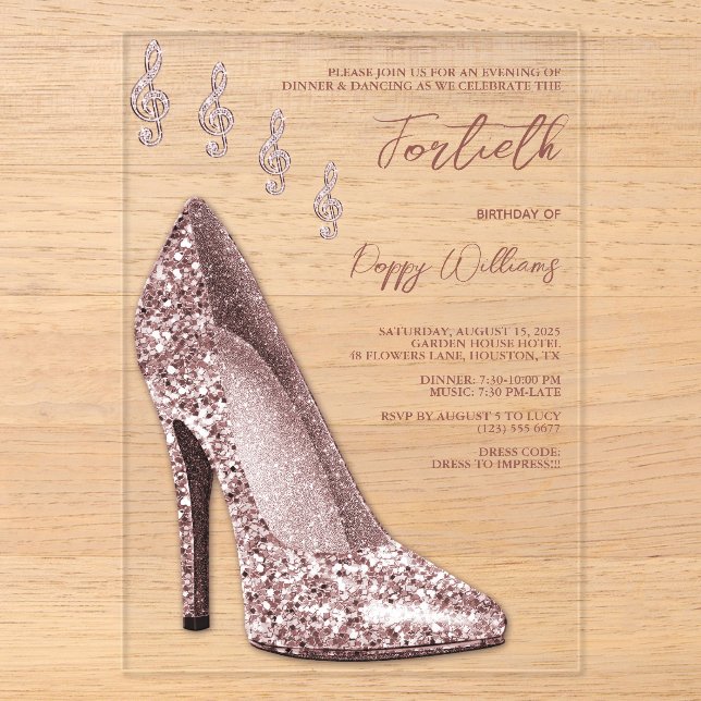 Glitzy Rose Gold Stiletto & Musiknoten 40. Acryleinladungen (Vorderseite)