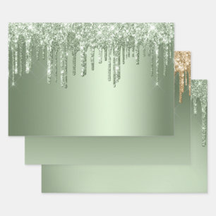 Glitzy Sage Green Sparkle Glitzer Tropfen Geburtst Geschenkpapier Set