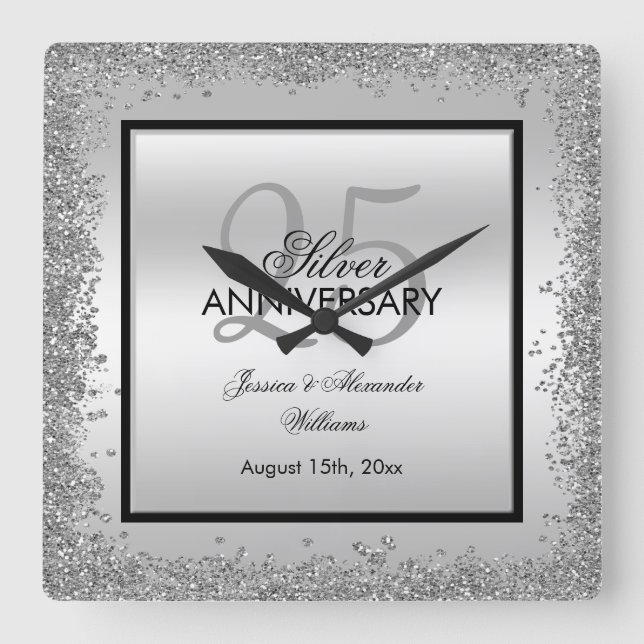 Glitzy Silver & Black 25. Hochzeitstag Quadratische Wanduhr (Vorderseite)