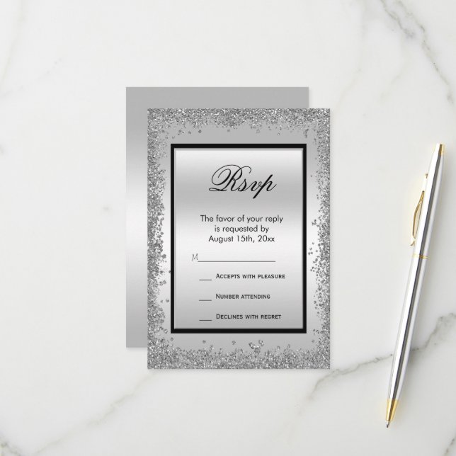 Glitzy Silver & Black 25. Hochzeitstag RSVP Karte (Vorderseite/Rückseite Beispiel)