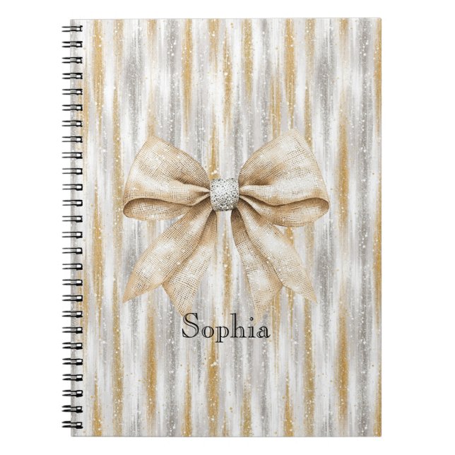 Glitzy Silver Gold Stripes Cream Bow Notizblock (Vorderseite)