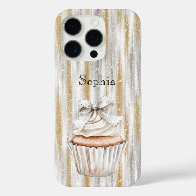 Glitzy Silver Gold Stripes White Cupcake Bow   iPhone 16 Pro Hülle (Rückseite)
