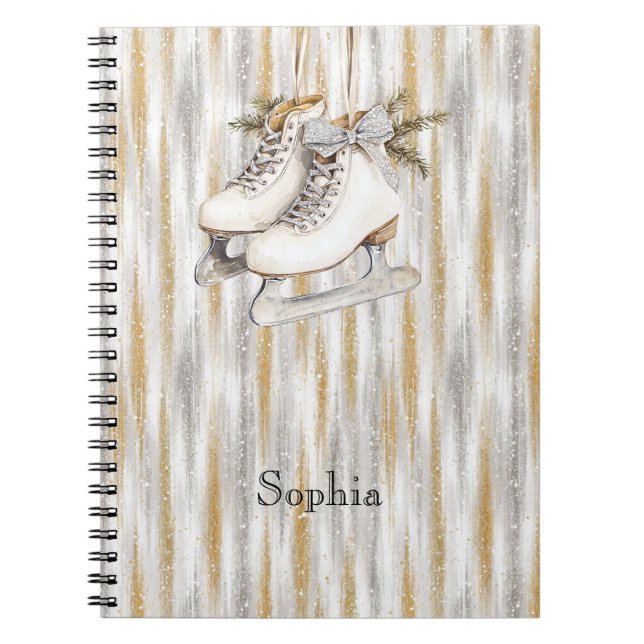 Glitzy Silver Gold Stripes White Ice Skate Notizblock (Vorderseite)