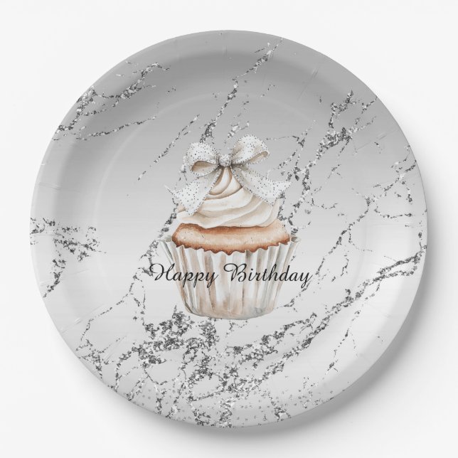 Glitzy Silver White Cupcake Bow Birthday Pappteller (Vorderseite)