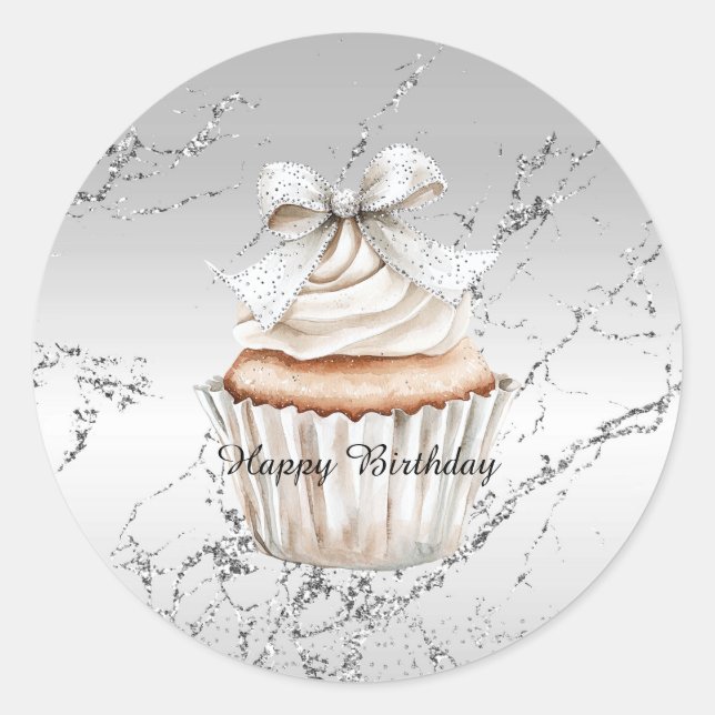 Glitzy Silver White Cupcake Bow Birthday Runder Aufkleber (Vorderseite)