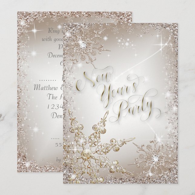 Glitzy Snowflakes Gold Silvester Party Einladung (Vorne/Hinten)