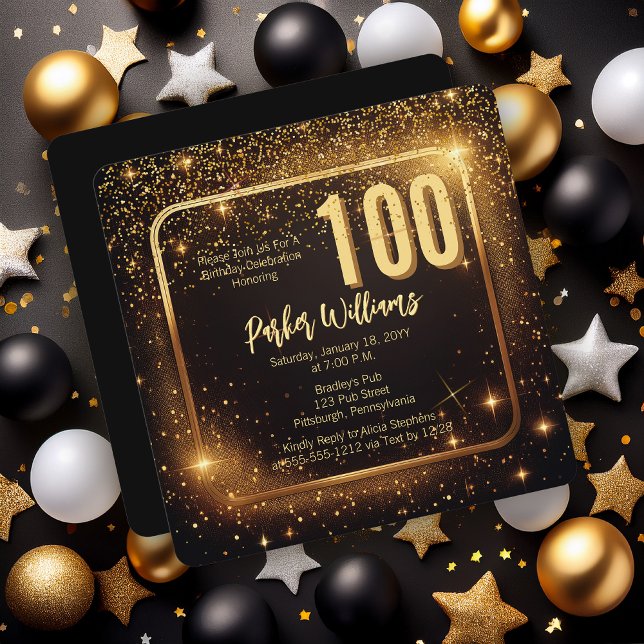 Glitzy Sparkles | Stars Gold 100th Birthday Party Einladung (Glitzy Sparkles Black and Gold Tone Modern Elegant 100th Birthday Party Square Invitation )