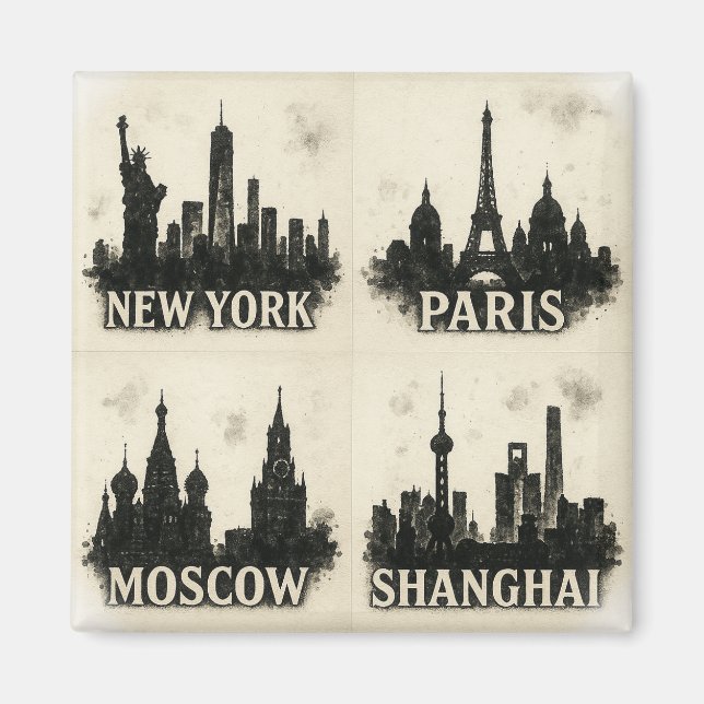 Globale Skyline Ink Iconic Monochromatische Städte Magnet (Vorne)