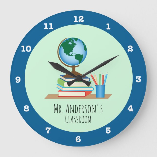 Globe, Books & Pencils for Teacher Personalized Große Wanduhr (Vorderseite)
