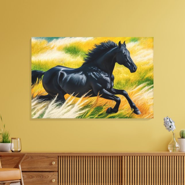 Glockenturm Schwarzes Pferd Galloping im pulsieren Leinwanddruck (Insitu (Wohnzimmer))