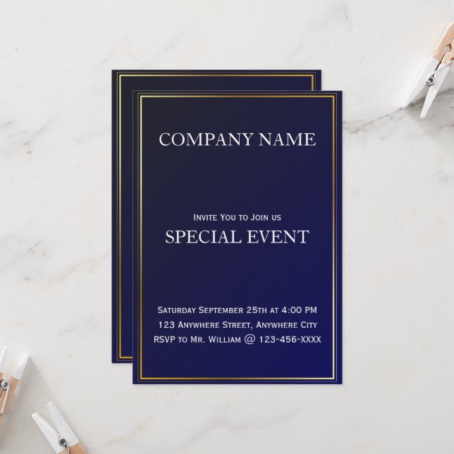 Gloden Frame Blue Corporate Party Einladung Card (Vorderseite/Rückseite Beispiel)