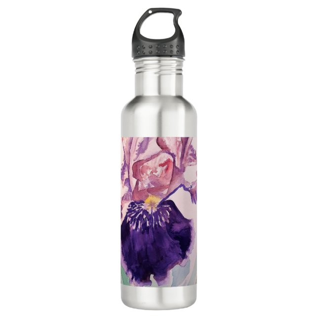 Glorioues Lila Iris Aquarellmalerei Edelstahlflasche (Vorderseite)