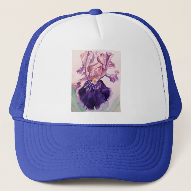 Glorioues Lila Iris Aquarellmalerei Truckerkappe (Vorderseite)