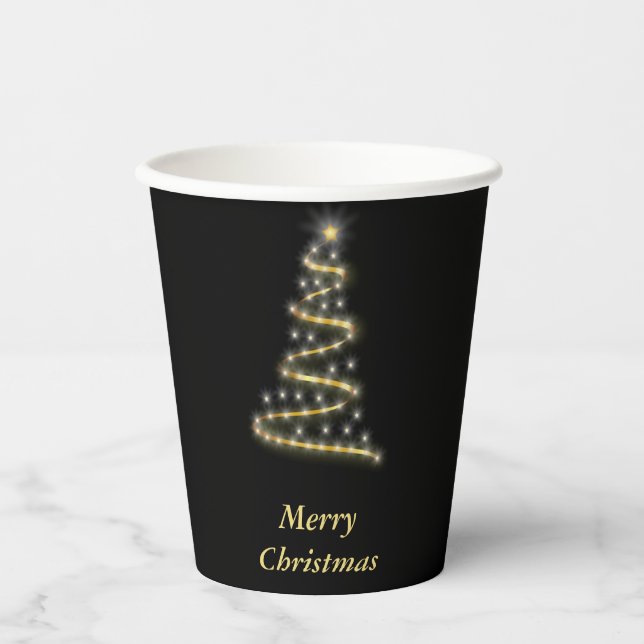 Glossgold Weihnachtsbaum schwarz Pappbecher (Vorderseite)