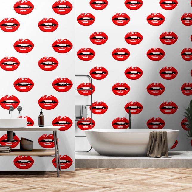 Glossrote Lippen, Farbe weiß Tapete (Badezimmer)