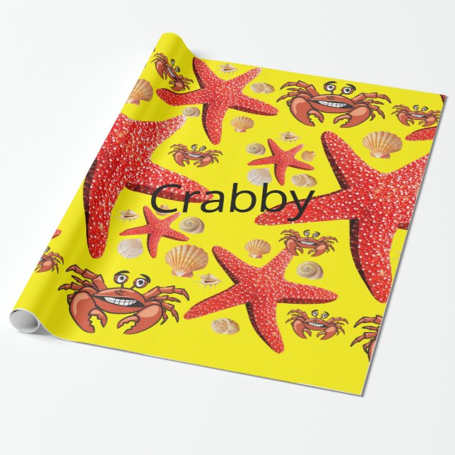 Glosswrapping Paper, Crabs Starfish Rot Gelb Geschenkpapier (Ungerollt)